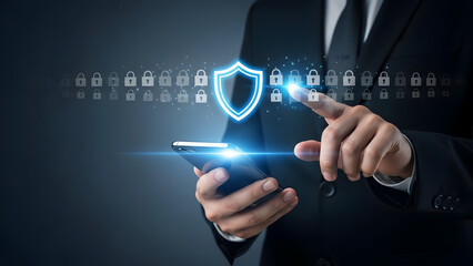 Businessman securing mobile data with digital shield and locks