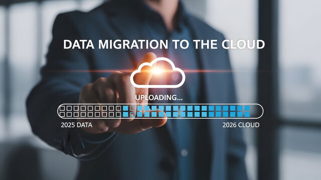 Businessman uploading data to cloud storage for secure 2025 migration - Powered by Adobe