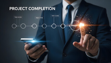 Businessman completing project tasks on smartphone in modern office