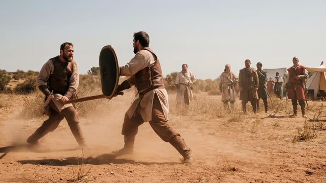 Two warriors clash in a dynamic, action-packed medieval battle, amidst the arid landscape of a historical reenactment, full of intense emotion, determination and combat skills.