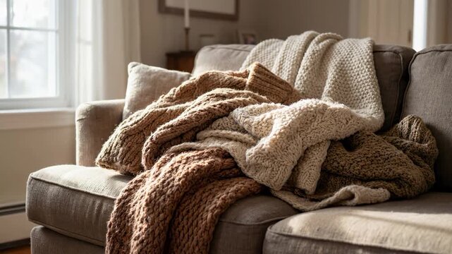 Cozy knitted blankets draped invitingly across a comfortable sofa, filling the home with warmth and tranquility.  