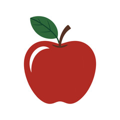 A single, bright red apple with a green leaf and brown stem rests on a white background.