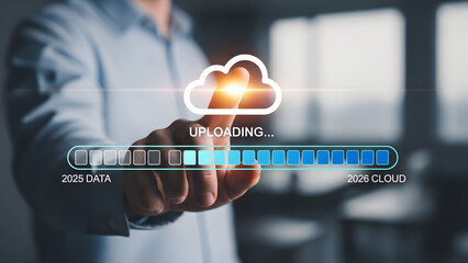 Businessman uploading data to cloud storage with progress bar
