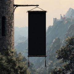 Blank scroll hangs from castle tower against mountains