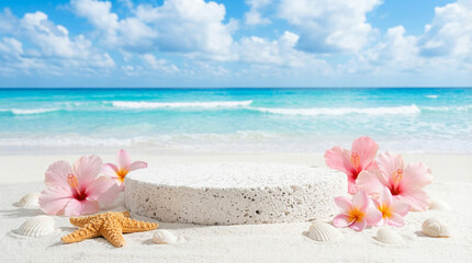 White stone podium on a tropical beach with pink flowers and starfish. Mockup for cosmetic and summer product display against a turquoise ocean background. 3D render illustration.
