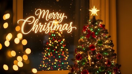 Elegant glowing "Merry Christmas" text above a sparkling, decorated Christmas tree, festive lights, warm holiday glow with sweet