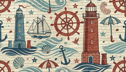 Nautical seamless pattern with lighthouses, anchors and sailboats