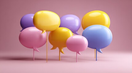 Colorful, glossy speech bubbles arranged on sticks against a blush pink background, suggesting communication