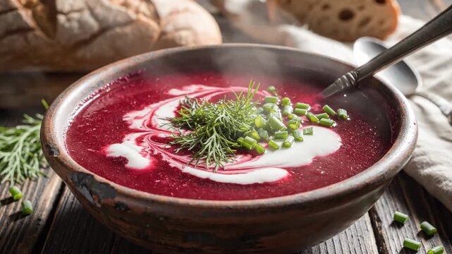 A steaming bowl of vibrant beetroot soup garnished with fresh herbs and cream, placed on a rustic wooden table with slices of bread and a linen cloth in the background, evoking a cozy dining atmospher