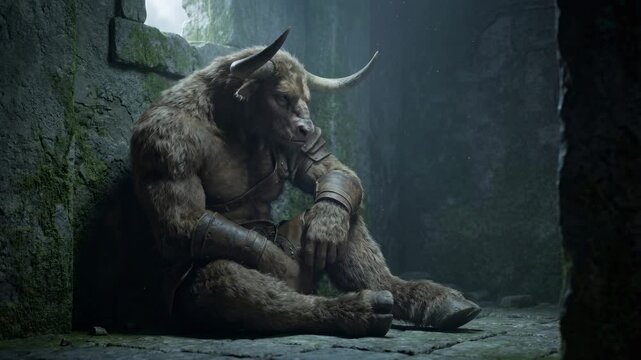 A muscular minotaur, with the body of a man and the head of a bull, sits in contemplation within a shadowy, stone chamber, its gaze reflecting a mix of solitude and resilience.