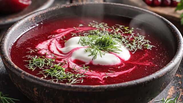 A steaming bowl of vibrant beetroot soup garnished with a swirl of cream and fresh herbs, set on a rustic wooden table with a blurred background of ingredients and utensils