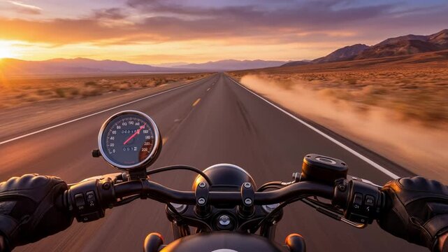 Riding a motorcycle on a vast desert highway at sunset. The point of view is from the rider, holding the handlebar and looking at the long open road.