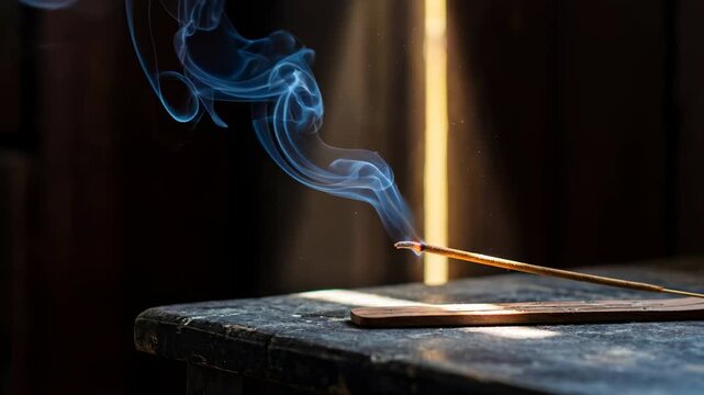 A close-up captures the essence of tranquility as incense gracefully burns, releasing fragrant smoke and carrying an ethereal atmosphere. The image is an ode to serenity.