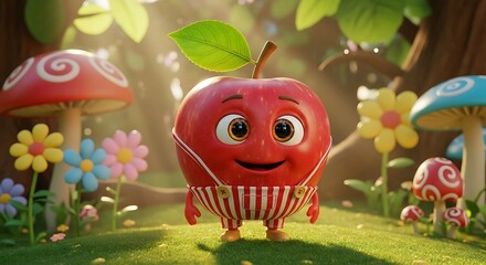 Animated Apple Character in a Whimsical Forest Scene.