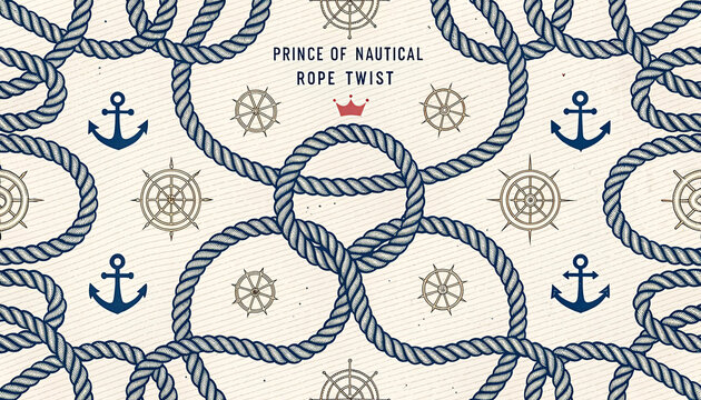 Repeating nautical pattern background with stylized blue rope twist forming decorative interwoven loops and knot design