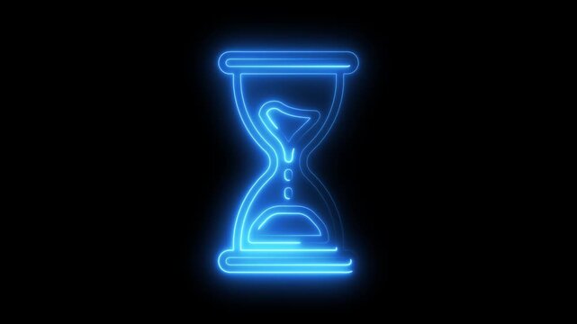 Blue Neon Hourglass Icon Glowing on Black Background time sand timer