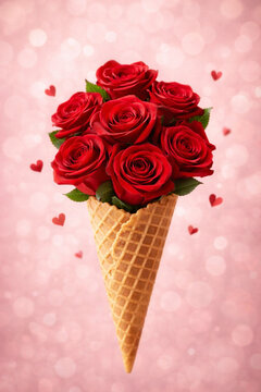 Ice cream cone filled with red roses, creative Valentine&rsquo;s Day concept