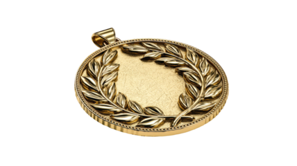 Golden medal with laurel wreath surrounding circular award victory achievement honor celebration illustration isolated on white background