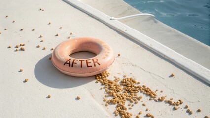A float ring with AFTER label beside spilled food on a pool edge