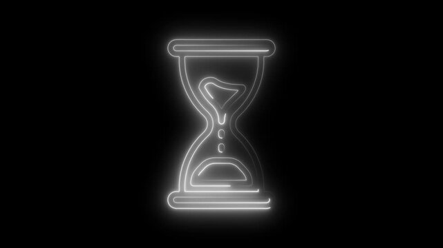 White Neon Hourglass Icon Glowing on Black Background time sand timer