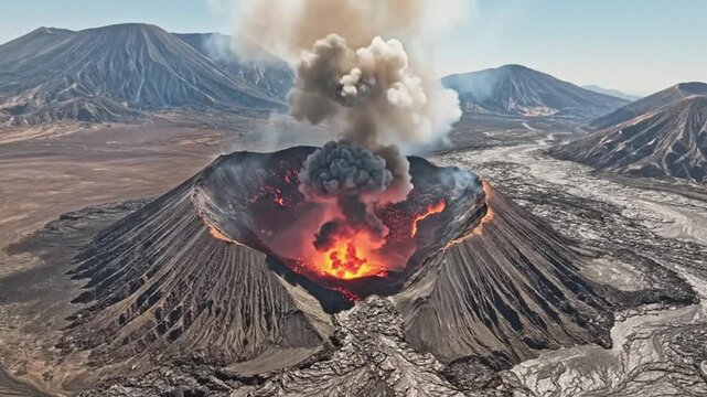 Aerial video footage of an erupting volcano with lava and smoke in a mountainous landscape agriculture farming video