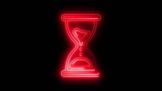 Red Neon Hourglass Icon Glowing on Black Background time sand timer