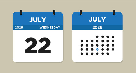 July 22 2026 (Wednesday) Calendar page Vector Illustration. 22 July calendar page. Day calendar with date July 22. Checklist day calendar. Modern Calendar template icon. Week Starts on Sunday.