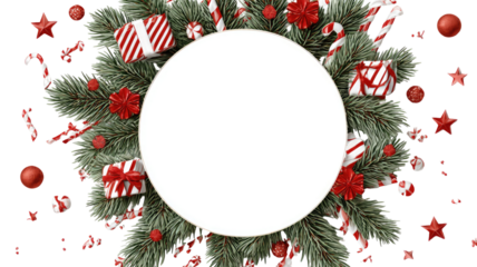 Festive round Christmas frame with pine branches holiday greenery wreath border decoration isolated on white background