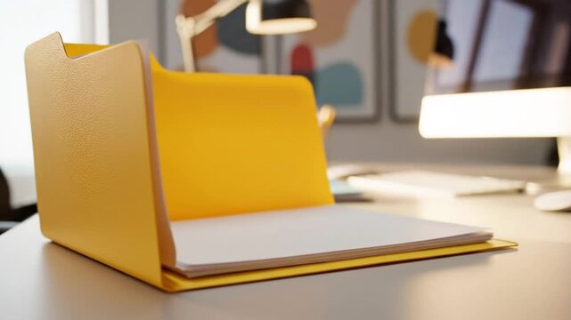 Open yellow file folder with papers on a white desk in a bright office environment