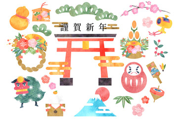 お正月　水彩テクスチャ　イラスト