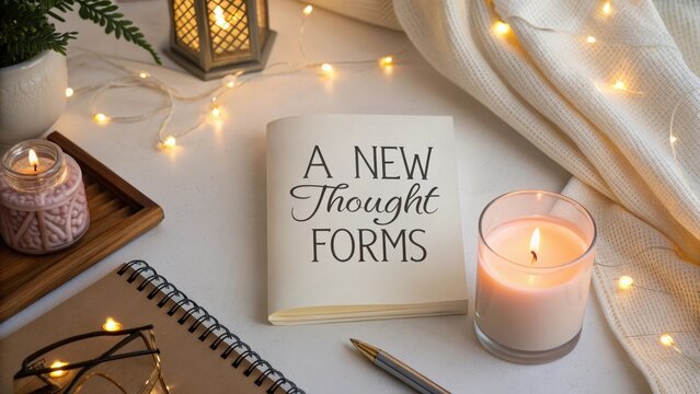 Lit candle illuminating a book labeled A New Thought Forms