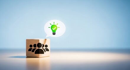 Team innovation concept with light bulb idea icon above wooden block