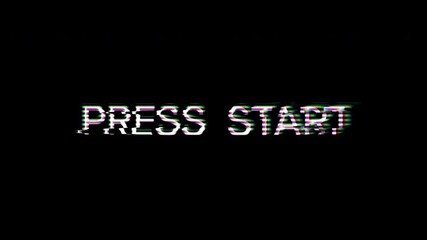 Press start text glitch animation with digital distortion on dark background, retro gaming style motion graphic for modern tech visuals. - Powered by Adobe