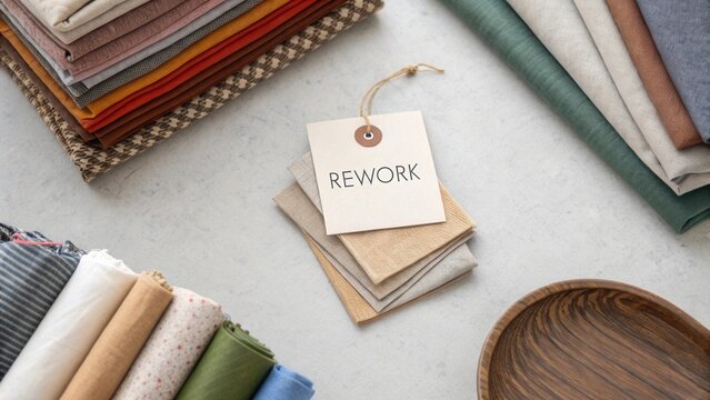 Overhead view of fabric scraps with a paper tag labeled rework
