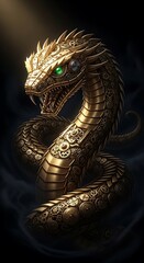 Steampunk Golden Serpent - Intricate Mechanical Dragon in Darkness.