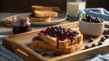 Toast Slices with Blueberry Jam Dripping Over a Wooden Tray