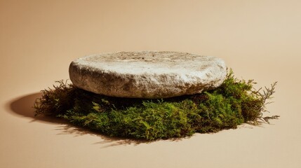 A round, aged stone sits atop a bed of vibrant green moss, set against a soft, neutral-toned backdrop
