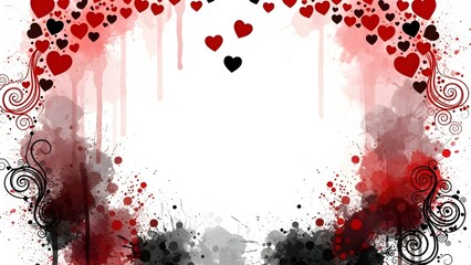 Valentines day theme with red and black hearts on a white background with splashes for love concepts