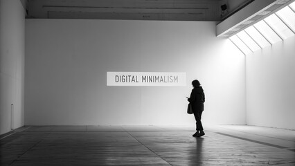 Woman viewing Digital Minimalism sign with smartphone in hand