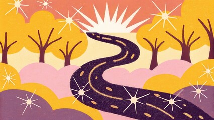 Winding road and radiant sun in a scenic landscape illustration