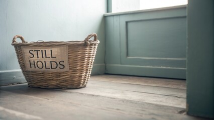 Woven Basket Resting on Light Wooden Floor in Room Corner