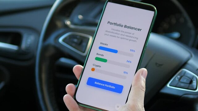 a sleek investment app on smartphone. The screen displays a Portfolio Balancer feature with dynamic progress bars for stocks, bonds, and crypto assets. The user navigates through diversification