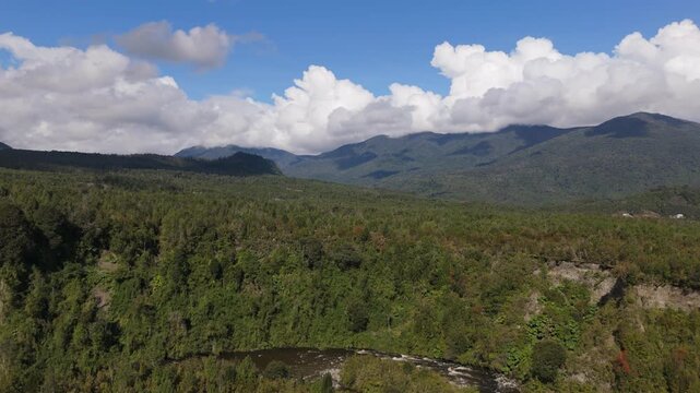 Panoramic Aerial View of Forest Valley and Mountains in Clouds