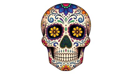 Colorful Day of the Dead sugar skull with intricate patterns, vibrant decorations, clean white background