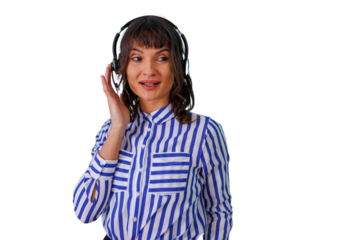 Young businesswoman with headphones touching ear, providing help and support to customers. Transparent background