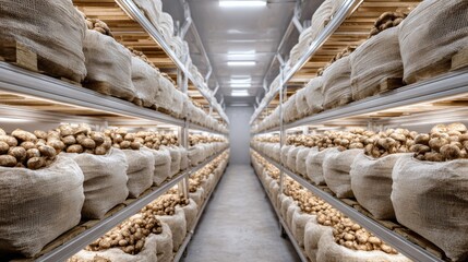 Warehouse Storage of Produce: A comprehensive view of burlap sacks laden with produce, methodically arranged on expansive shelves in a vast storage facility.