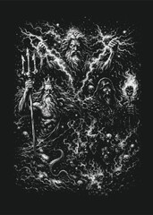 Zeus, Poseidon, and Hades depicted as ancient Greek gods of sky, sea, and underworld in dark fantasy black and white mythological illustration