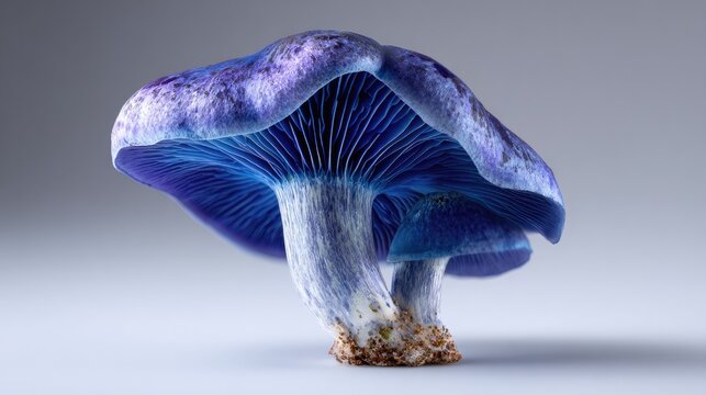 Mystical Indigo Mushroom: A captivating macro shot of an indigo milkcap mushroom, its unique gills and vibrant hue hinting at an enchanting woodland realm.
