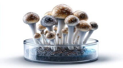 Laboratory Mushroom Collection: A captivating arrangement of cultivated mushrooms, nestled in a petri dish, presenting a blend of science and nature's peculiar beauty.