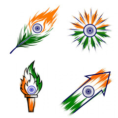 Obraz premium Indian National Flag Colors Abstract Design Set with Feather, Sunburst Shape Set Isolated on White Background